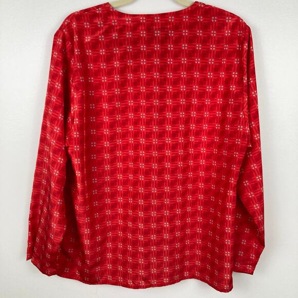 Vintage Womens L Red Geo Check Print Button Up Blouse Twee Office Retro Mod - Picture 2 of 9